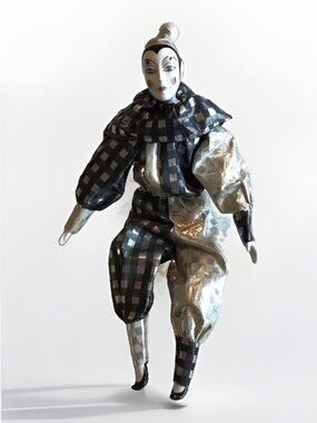 Vintage 1980s Porcelain Harlequin Jester Doll Black Silver Checkered Pierrot